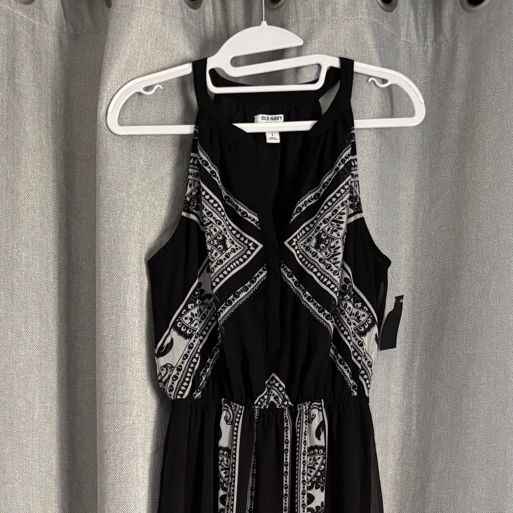 Maxi, sleeveless, black print dress, size 8